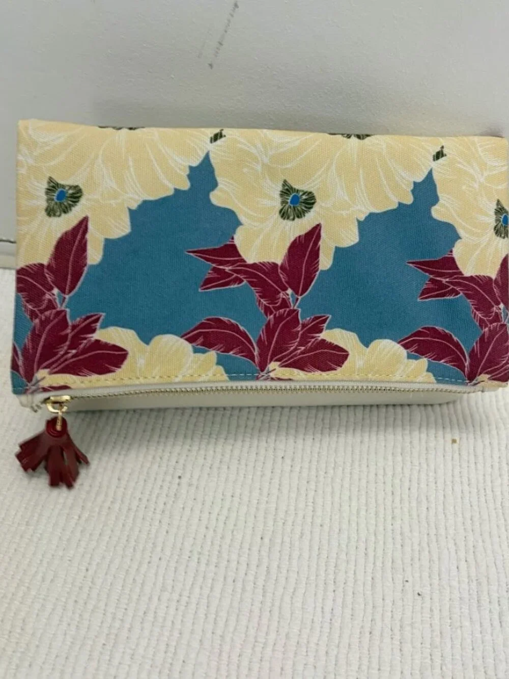 Rachel Pally Floral Print Fold Over Canvas Vegan Leather Tassel Clutch Purse